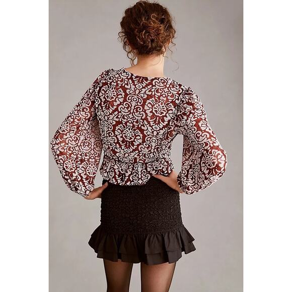 By Anthropologie Jacquard Peasant Blouse Women's Blouse Wine M Ruffle Peplum - Picture 4 of 8